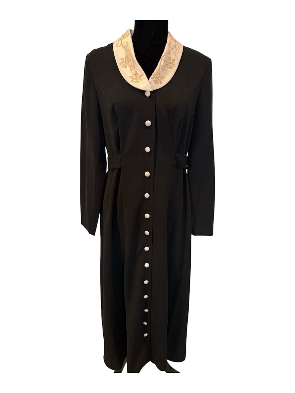 Vintage Miss Dorby Classic Black Long-Sleeve Dress with Ivory Beaded Collar